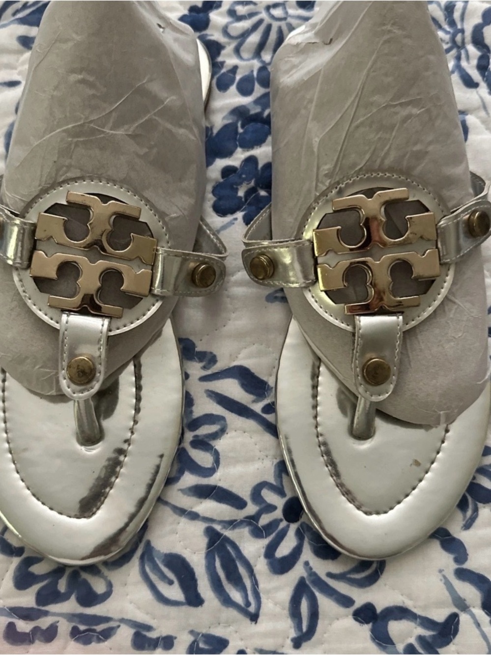 Tory Burch Silver/Gold Logo Miller Sandals Size 7